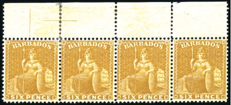 Stamp of Barbados 1875-80 6d Chrome-Yellow mint og top marginal stri