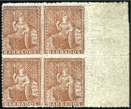 Stamp of Barbados 1861-70 (4d) Dull Brown-Red mint og right marginal