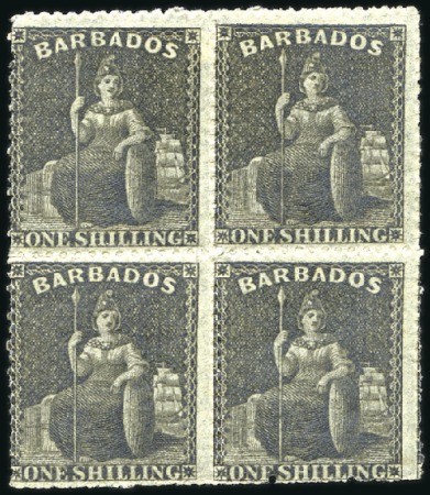 Stamp of Barbados 1861-70 1s Black mint og block of four, fine (SG £