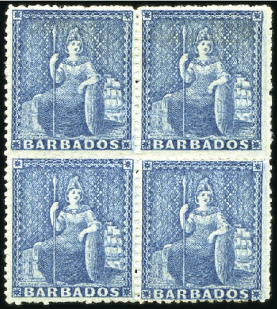 Stamp of Barbados 1861-70 (4d) Deep Blue mint og block of four, hori