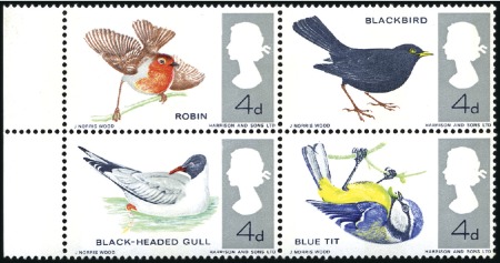 Stamp of Great Britain » Queen Elizabeth II 1966 Birds (phosphor paper) 4d se-tenant block of