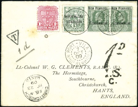 Stamp of New Hebrides 1909 (Oct 7) Envelope to England with 1908 Fiji Ov