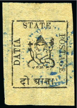 Stamp of Indian States » Duttia 1897 2a black on yellow, unused, imperf with clear margins