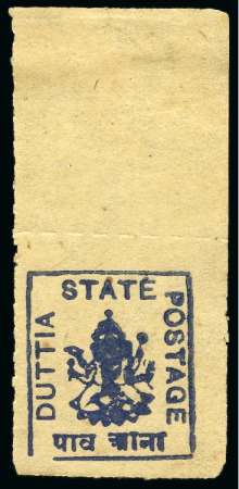 Stamp of Indian States » Duttia 1920 Rouletted 1/4a blue, unused, without handstamp variety, fine & scarce (SG £275)