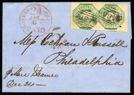 Stamp of Great Britain » 1847-54 Embossed 1853 (Dec 24) Wrapper from Liverpool to the USA with 1847 1s green vertical pair
