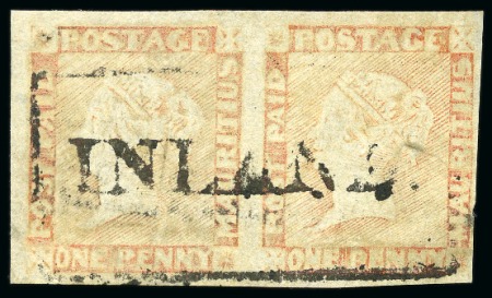 Stamp of Mauritius 1848-59 Worn Impression 1d red pair with "INLAND" boxed cancel