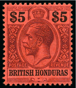 Stamp of British Honduras 1913-21 $5 Purple & Black on red mint lh, very fine