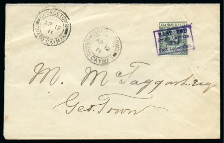 Stamp of Cayman Islands 1911 Envelope to Georgetown, franked 1/2d green, tied
