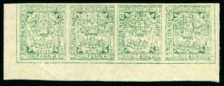 Stamp of Indian States » Orchha 1913 1/2a green, imperf. on wove paper, unused horiz. strip of four, fine (SG £200)