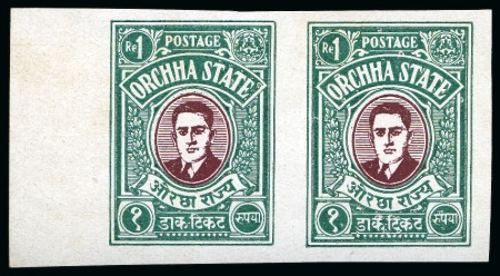 Stamp of Indian States » Orchha 1935 1r chocolate and myrtle-green, unused imperf horiz. pair with left margin
