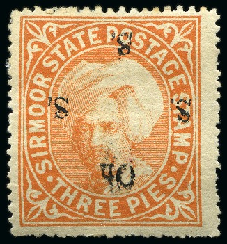 Stamp of Indian States » Sirmoor 1892-97 Official 3p orange ovptd in black, unused, showing inverted ovpt variety, fine and scarce (SG £425)