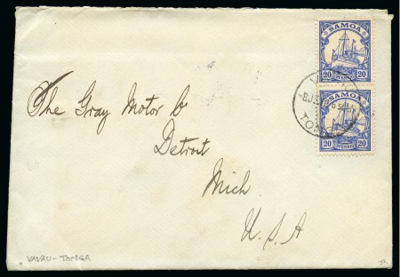 Stamp of Tonga 1912 Commercial envelope bearing Samoa Hohenzollern 20pf pair tied by Vavau cds