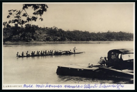 Stamp of Colonies françaises » Gabon Photo de Lambaréné avec pirogue, signée "avec mes