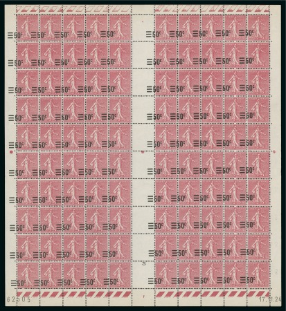 Stamp of France 1926-27 50c sur 65c rose en feuille de 100 timbres