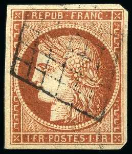 Stamp of France 1849 1F vermillon foncé, bien margé, obl. grille,