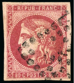 Stamp of France Bordeaux 80c rose vif, obl. GC, TB, cert. Renon (Yv.