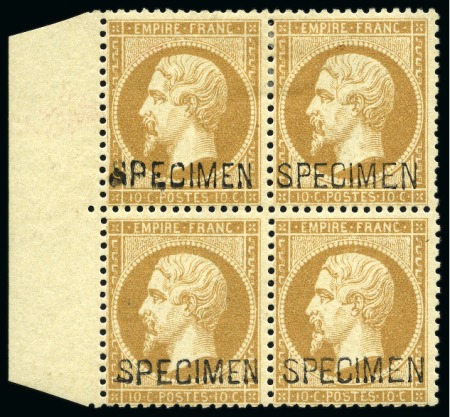 Stamp of France 1862 10c Empire dentelé surchargé SPECIMEN en bloc de 4 avec bord de feuille, neuf avec charnière sur la paire du haut, TB, rare, cert. Robineau