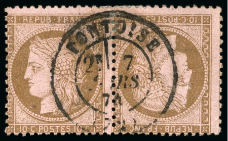 Stamp of France 10c Cérès en paire TETE-BECHE, obl. càd Pontoise