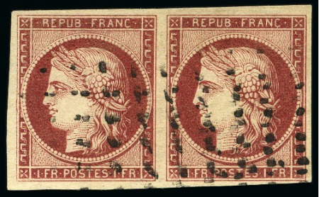 Stamp of France 1849 1F carmin en paire obl. gros points, TB, signé