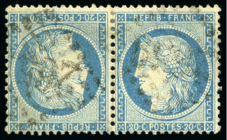 Stamp of France 1870 20c Siège en paire TETE-BECHE obl. GC, TB, cert.