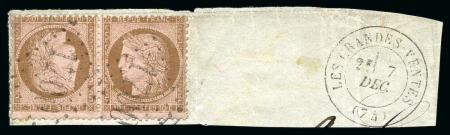 Stamp of France 10c Cérès en paire TETE-BECHE obl. GC sur petit fragment