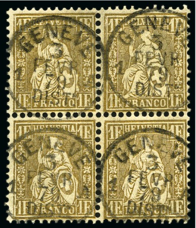 Stamp of Switzerland / Schweiz » Sitzende Helvetia Gezaehnt » Briefmarken 1862 1Fr. golden, Viererblock, sauber gestempelt GENEVE