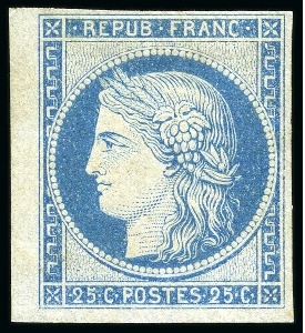 Stamp of France 25c bleu laiteux, non dentelé avec petit bdf, Réimpression