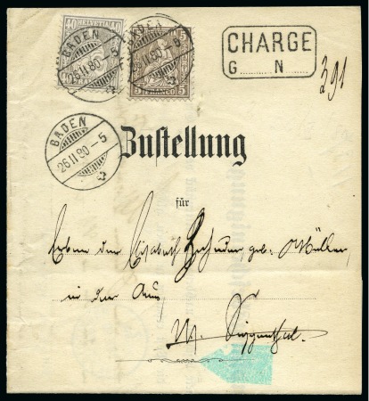 Stamp of Switzerland / Schweiz » Sitzende Helvetia Gezaehnt » Frankaturen 40C grau, weisses Papier, und 5C braun, entwertet BADEN