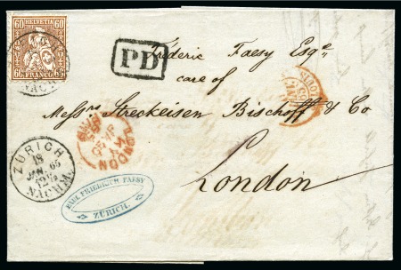 Stamp of Switzerland / Schweiz » Sitzende Helvetia Gezaehnt » Frankaturen 60C kupferbronze entwertet ZÜRICH 19 JAN 65 auf Faltbrief