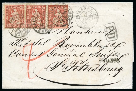 Stamp of Switzerland / Schweiz » Sitzende Helvetia Gezaehnt » Frankaturen 30C zinnober, drei Marken entwertet LAUSANNE 17 MAR