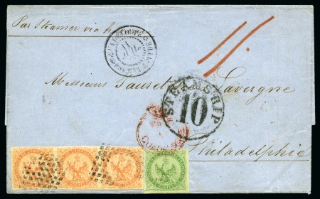 Stamp of Great Britain » British Post Offices Abroad » Guadeloupe 1865 Folded cover to USA franked French Colony Eagles