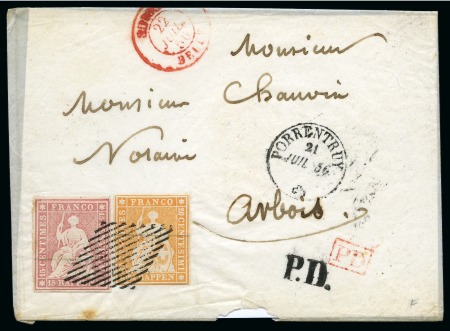 Stamp of Switzerland / Schweiz » Sitzende Helvetia Ungezähnt » 1854-55 Berner Druck (I) 20Rp orange und 15Rp rosa (beide weissrandig), entwertet