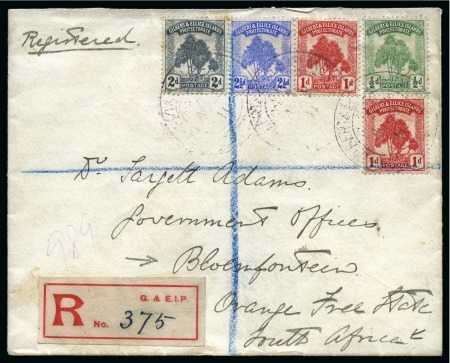 Stamp of Gilbert and Ellice Islands 1911 Registered cover to South Africa, franked 1/2d,