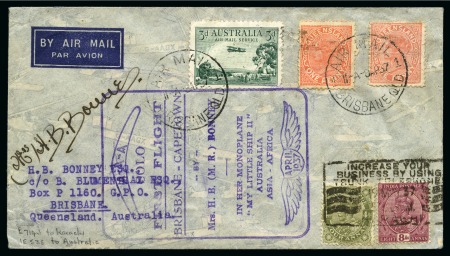 Stamp of India 1937 'Mrs Bonny' solo 1st Flight from Brisbane to Capetown