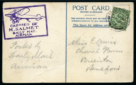 Stamp of Great Britain » King George V 1912 (Jul 24) Picture postcard of H. Salmet with violet "Carried by / M. Salmet / Daily Mail / Airman" cachet
