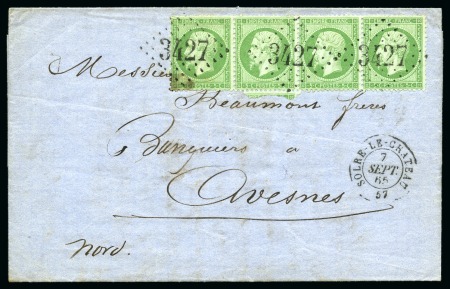 Stamp of France 1862 5c vert en bande de quatre (exemplaire de gauche