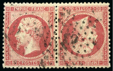 Stamp of France 1862 80c rose en paire TETE-BECHE obl. étoile 2, TB, signé Calves, Roumet, cert. Menozzi (Yv. €10'000)