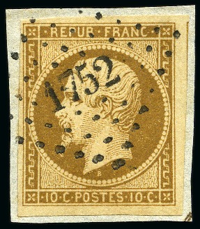 Stamp of France 1852 10c Présidence bistre-brun foncé, obl. PC 1752