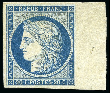 Stamp of France 1849 20c bleu sur jaunâtre avec bdf latéral droit,