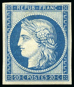 Stamp of France 1849 20c bleu, NON EMIS, Réimpression de 1862, neuf
