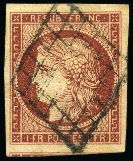 Stamp of France 1849 1F carmin avec très grandes marges dont voisin