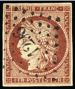Stamp of France 1849 1F CARMIN-BRUN obl. PC 1296 de La Flotte (Charente
