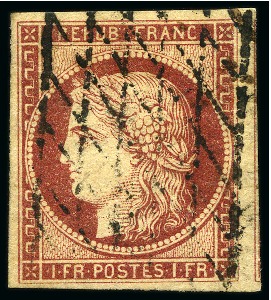 Stamp of France 1849 1F carmin avec voisin à droite, obl. grille sans