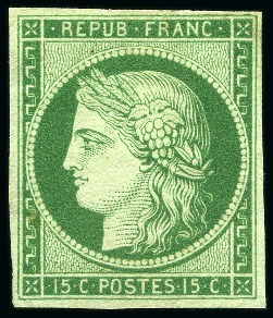 Stamp of France 1849 15c vert, Réimpression de 1862, neuf sans gomme,