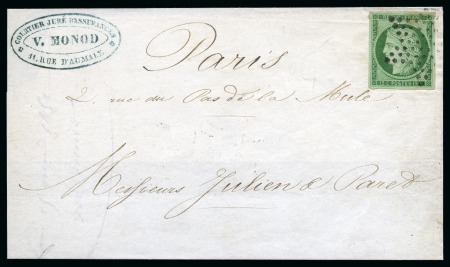 Stamp of France 1849 15c vert obl. étoile sur lettre de Paris 25.05.52