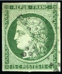 Stamp of France 1849 15c vert, trois exemplaires avec 3 nuances différentes