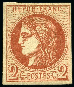 Stamp of France 1870 2c Bordeaux rouge-brique, neuf, TB, rare, cert.