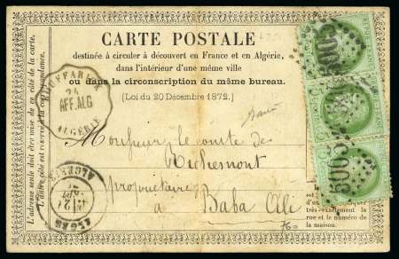 Stamp of Colonies françaises » Algérie Carte postale datée Bouffarick pour Baba Ali avec trois 5c Cérès (un déf.) obl. GC 5005, rare cachet convoyeur-station Bouffarick 24 AFF.ALG Algérie, càd Alger 24.09.1874, B/TB, signé Baudot