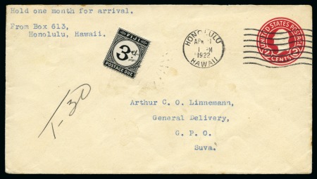 Stamp of Fiji 1922 Incoming US 2c stationery cover from Honolulu,