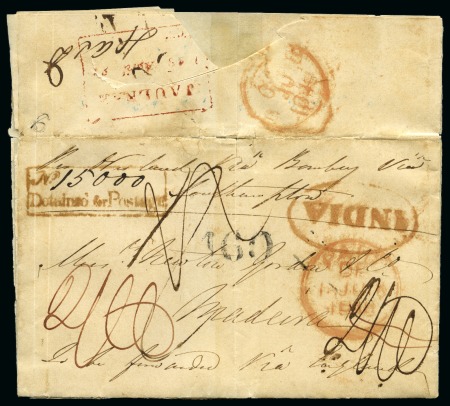 Stamp of India 1848 (Apr 27) Entire from Jaulnah to Madeira with "Detained for Postage" hs